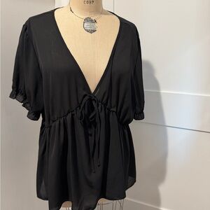 SHEIN Black V-Neck Blouse with Tie Detail